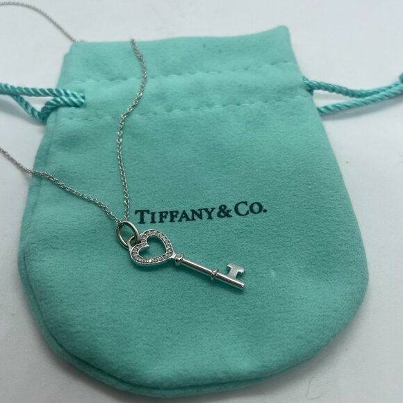 Tiffany & Co Diamond 18K White Gold Heart Key Pendant 18" Chain Necklace in Box - Picture 6 of 16